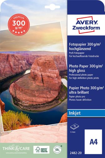 Avery Zweckform No. 2482-20 tintasugaras 210 x 297 mm (A4) méretű, 300 g -os prémium minőségű magasfényű fotópapír - 20 ív / csomag (Avery 2482-20)