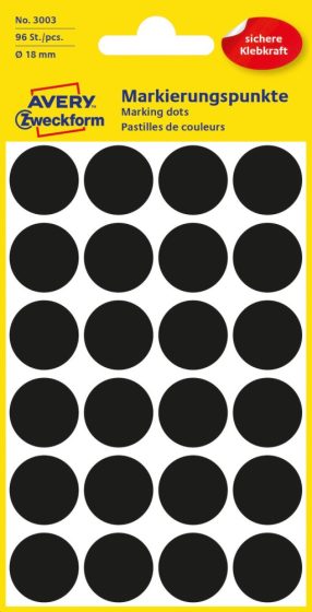 Avery Zweckform 18 mm átmérőjű öntapadó fekete színű jelölő címke, jelölő pötty, jelölő pont