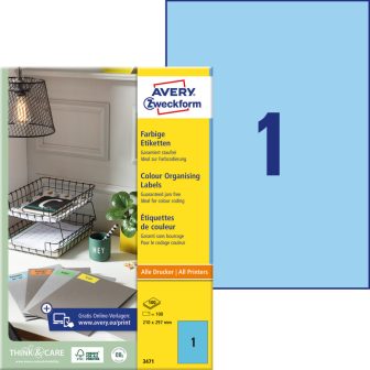Avery Zweckform 210 x 297 mm méretű, kék színű nyomtatható öntapadós etikett címke