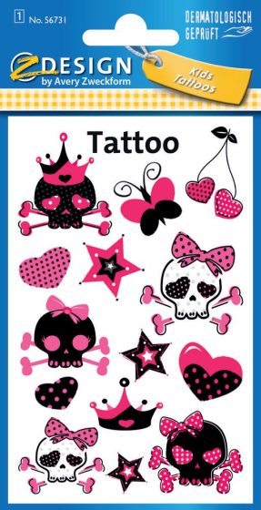 Avery Zweckform Z-Design No. 56731 öntapadó tetoválás matrica rózsaszínű koponyák motívumokkal.