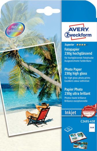 Avery Zweckform No. C2495-45R tintasugaras 130 x 180 mm méretű, 230 g -os különleges minőségű magasfényű fotópapír - 45 ív / doboz (Avery C2495-45R)