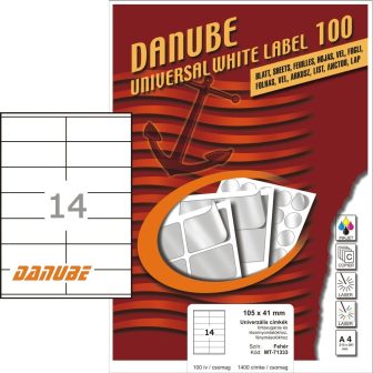 Danube MT-71333 univerzális 105 x 41 mm méretű fehér öntapadó etikett címke A4 -es íven (kiszerelés: 1400 etikett címke / doboz - 100 ív / doboz) (Danube LCJ-133)