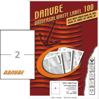 Danube MT-71393 univerzális 210 x 148,5 mm méretű fehér öntapadó etikett címke A4 -es íven (kiszerelés: 200 etikett címke / doboz - 100 ív / doboz) (Danube LCJ-139)