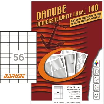 Danube MT-71423 univerzális 52,5 x 21,2 mm méretű fehér öntapadó etikett címke A4 -es íven (kiszerelés: 5600 etikett címke / doboz - 100 ív / doboz) (Danube LCJ-142)