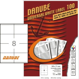 Danube MT-81083 univerzális 105 x 71 mm méretű fehér öntapadó etikett címke A4 -es íven (kiszerelés: 800 etikett címke / doboz - 100 ív / doboz) (Danube LCJ-108)