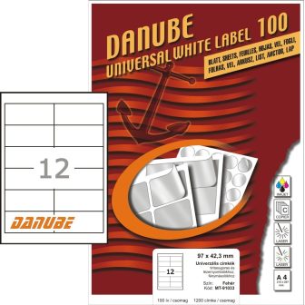 Danube MT-91033 univerzális 97 x 42,3 mm méretű fehér öntapadó etikett címke A4 -es íven (kiszerelés: 1200 etikett címke / doboz - 100 ív / doboz) (Danube LCJ-103)