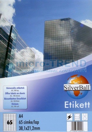 SilverBall univerzális 38,1 x 21,2 mm méretű öntapadó etikett címke A4 -es íven (kiszerelés: 6500 címke / doboz, 100 ív / doboz) (SilverBall 319-0010)