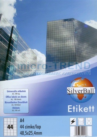 SilverBall univerzális 48,5 x 25,4 mm méretű öntapadó etikett címke A4 -es íven (kiszerelés: 4400 címke / doboz, 100 ív / doboz) (SilverBall 319-0025)