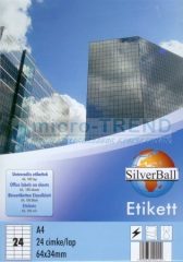   SilverBall univerzális 64 x 34 mm méretű öntapadó etikett címke A4 -es íven (kiszerelés: 2400 címke / doboz, 100 ív / doboz) (SilverBall 319-0050)