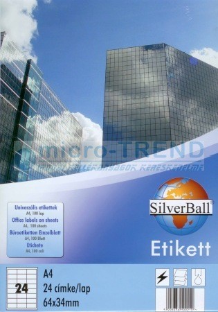 SilverBall univerzális 64 x 34 mm méretű öntapadó etikett címke A4 -es íven (kiszerelés: 2400 címke / doboz, 100 ív / doboz) (SilverBall 319-0050)