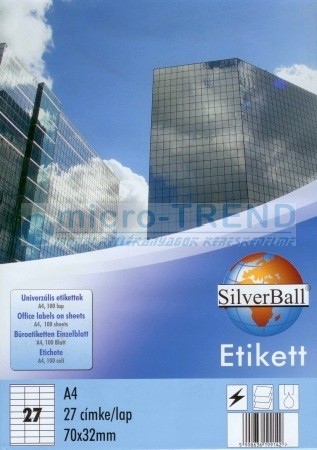 SilverBall univerzális 70 x 32 mm méretű öntapadó etikett címke A4 -es íven (kiszerelés: 2700 címke / doboz, 100 ív / doboz) (SilverBall 319-0062)