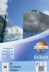   SilverBall univerzális 70 x 36 mm méretű öntapadó etikett címke A4 -es íven (kiszerelés: 2400 címke / doboz, 100 ív / doboz) (SilverBall 319-0064)