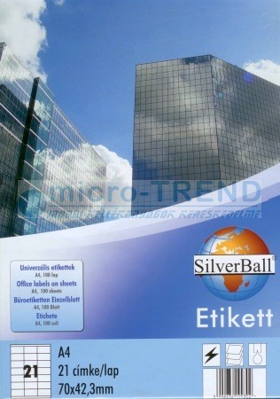 SilverBall univerzális 70 x 42,3 mm méretű öntapadó etikett címke A4 -es íven (kiszerelés: 2100 címke / doboz, 100 ív / doboz) (SilverBall 319-0067)