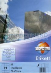   SilverBall univerzális 70 x 67,7 mm méretű öntapadó etikett címke A4 -es íven (kiszerelés: 1200 címke / doboz, 100 ív / doboz) (SilverBall 319-0072)