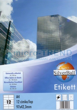 SilverBall univerzális 97 x 42,3 mm méretű öntapadó etikett címke A4 -es íven (kiszerelés: 1200 címke / doboz, 100 ív / doboz) (SilverBall 319-0080)