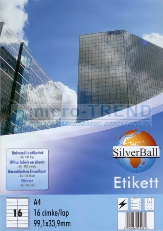 SilverBall univerzális 99,1 x 33,9 mm méretű öntapadó etikett címke A4 -es íven (kiszerelés: 1600 címke / doboz, 100 ív / doboz) (SilverBall 319-0090)