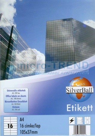 SilverBall univerzális 105 x 37 mm méretű öntapadó etikett címke A4 -es íven (kiszerelés: 1600 címke / doboz, 100 ív / doboz) (SilverBall 319-0100)