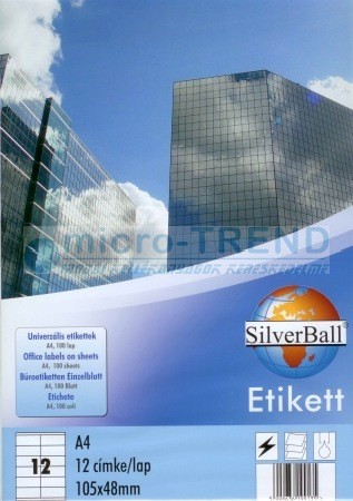 SilverBall univerzális 105 x 48 mm méretű öntapadó etikett címke A4 -es íven (kiszerelés: 1200 címke / doboz, 100 ív / doboz) (SilverBall 319-0106)