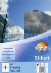   SilverBall univerzális 105 x 71 mm méretű öntapadó etikett címke A4 -es íven (kiszerelés: 800 címke / doboz, 100 ív / doboz) (SilverBall 319-0115)