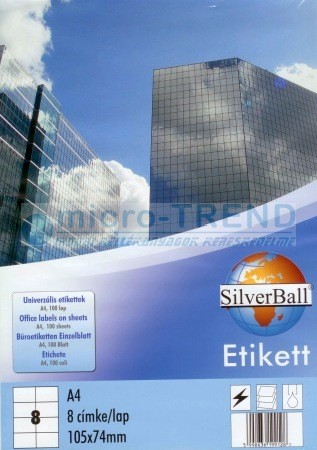 SilverBall univerzális 105 x 74 mm méretű öntapadó etikett címke A4 -es íven (kiszerelés: 800 címke / doboz, 100 ív / doboz) (SilverBall 319-0118)