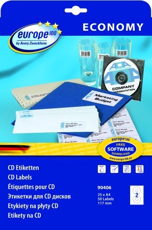 europe100 90406 univerzális 117 mm átmérőjű fehér öntapadó CD etikett címke A4 -es íven - 50 etikett címke / csomag - 25 ív / csomag (90406)