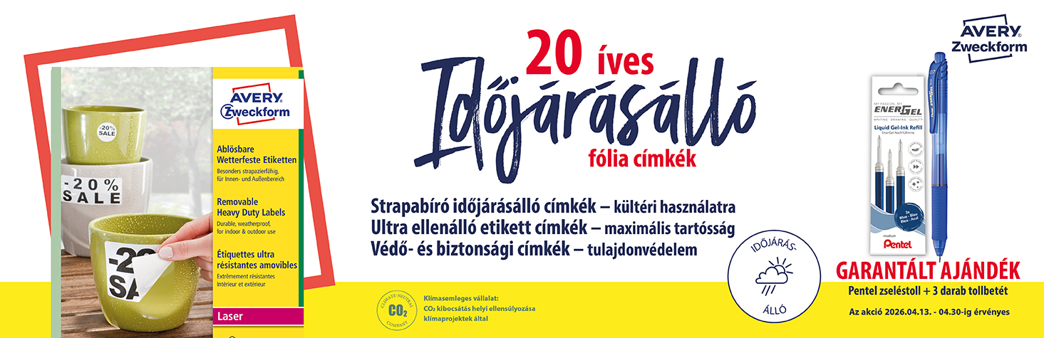 1 csomag fehér, sárga vagy ezüst 20 íves időjárásálló fólia címke vásárlása mellé most EnerGel zselés tollat adunk ajándékba. 1 csomag fehér, sárga vagy ezüst 20 íves időjárásálló fólia címke vásárlása mellé most EnerGel zselés tollat adunk ajándékba.